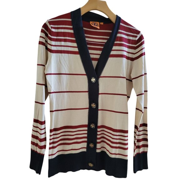 Tory Burch Blue cream stripe cardigan logo Size Small Preppy old Money Preppy - Picture 1 of 7